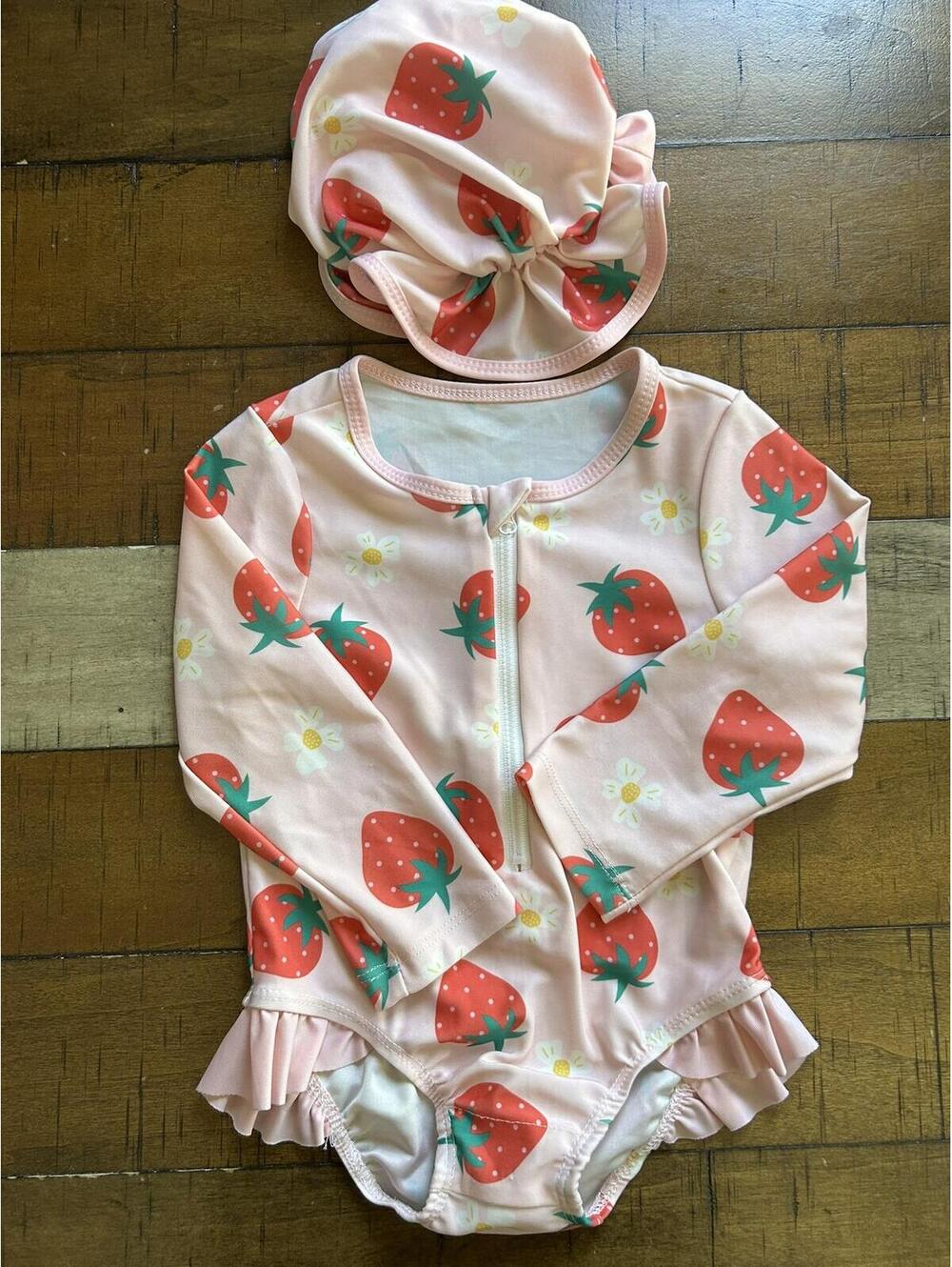 Baby Girl Strawberry Print Long Sleeve Swimsuit with Matching Swim Cap